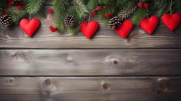 Un primer plano de un árbol de Navidad con corazones rojos y conos de pino