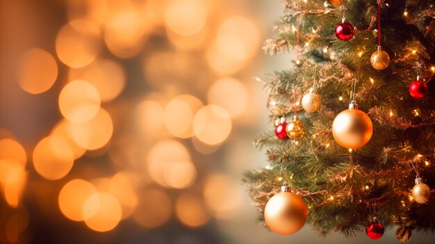 primer plano del árbol de Navidad con decoraciones en un fondo borroso