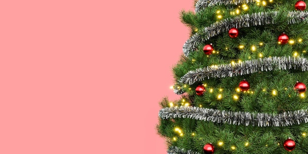 Primer plano de un árbol de Navidad decorado con un fondo rojo aislado y espacio de copia fondo de Navidad renderizado 3d