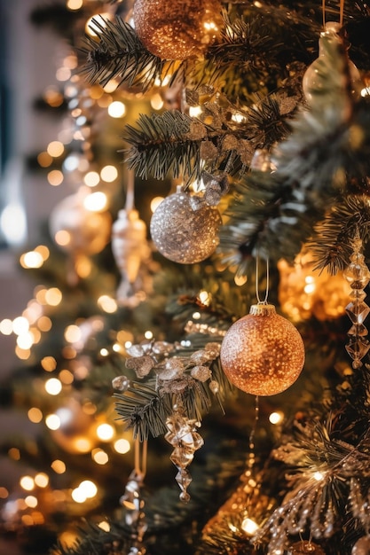 Primer plano del árbol de navidad con luces brillantes y adornos creados con ai generativo