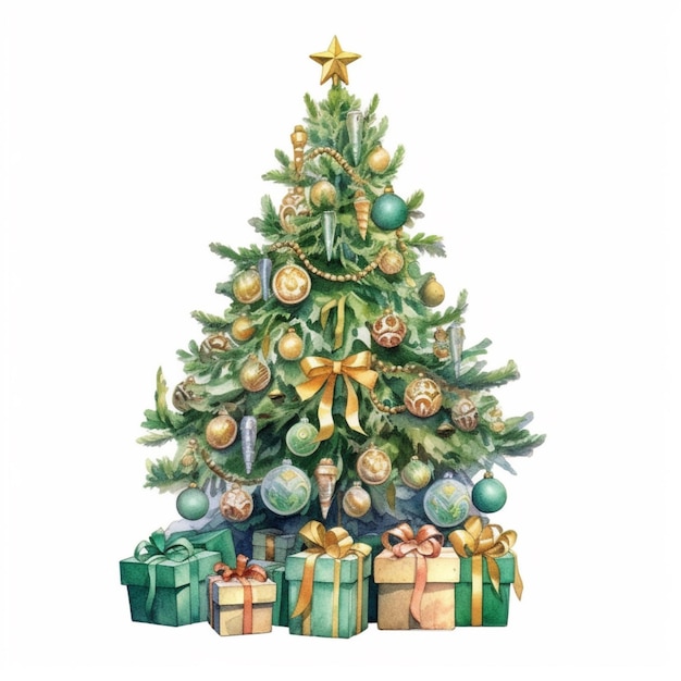 un primer plano de un árbol de navidad con regalos en él ai generativo