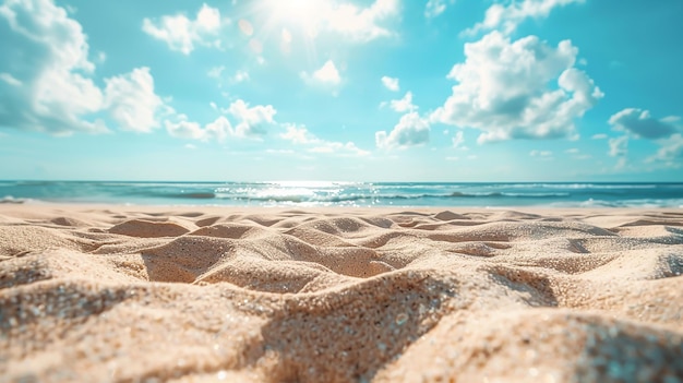 Primer plano de arena en la playa y cielo azul de verano Fondo panorámico de la playa