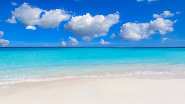 Primer plano de arena en la playa y cielo azul de verano. Paisaje panorámico de playa. Mar de playa tropical vacío