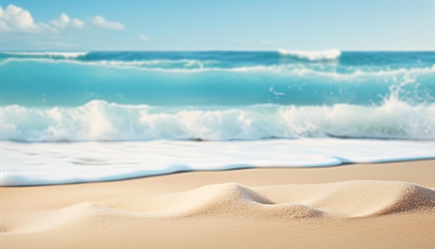 Foto primer plano de arena en la playa con mar turquesa y fondo de cielo azul