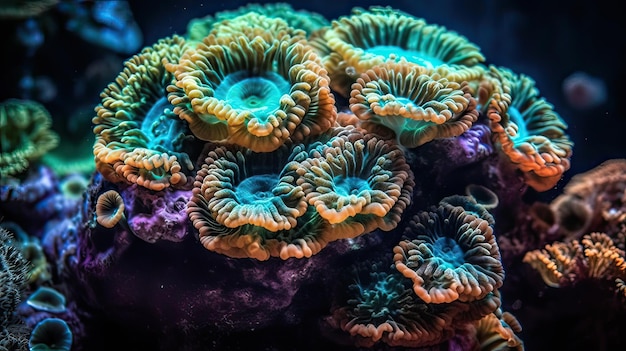 Un primer plano de un arrecife de coral con una base verde y una base azul.