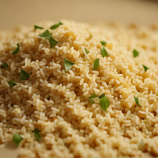 un primer plano de arroz con cebolla en la parte superior