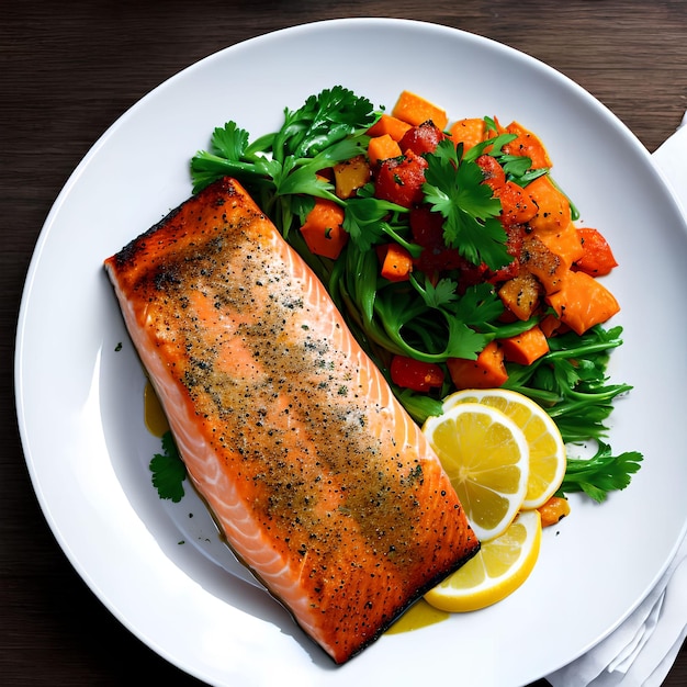 Primer plano del arte generativo de un plato de salmón cocinado por IA