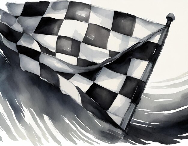 Foto un primer plano de arte pincel acuarela pintura a cuadros bandera de carreras en blanco y negro soplado en el viento iso...