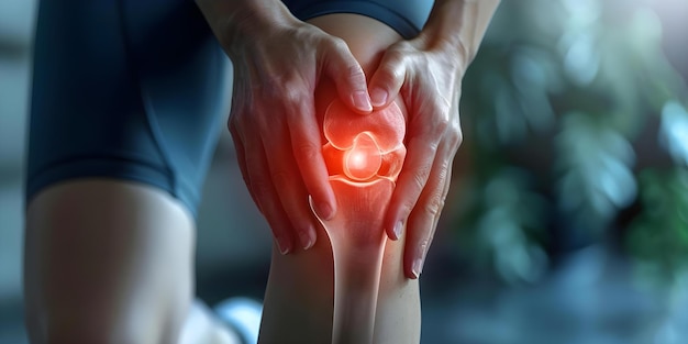 Foto primer plano de la articulación dolorosa de la rodilla con inflamación y posible fractura ósea concepto dolor de rodilla inflamación fractura ósea primer plano condiciones médicas