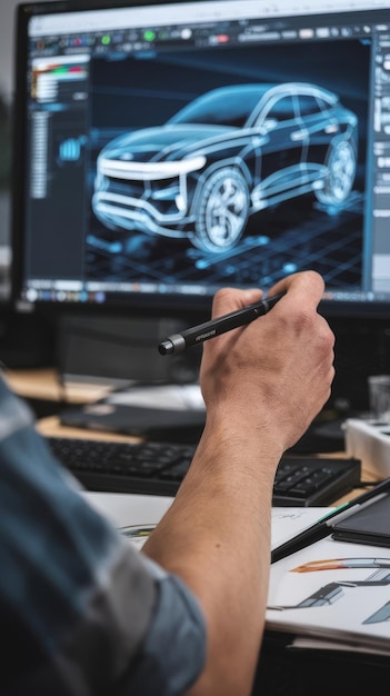 Primer plano de un artista profesional creativo de bocetos 3D desarrollando una escena digital utilizando software avanzado
