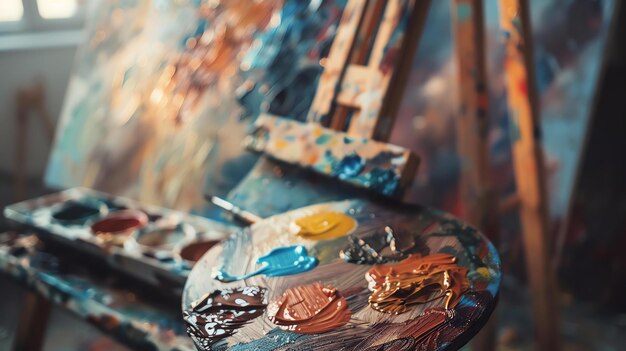 Foto un primer plano artístico de una paleta de pintores con vibrantes pinturas al óleo y un pincel contra un telón de fondo borroso de un estudio de arte