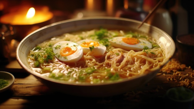 Foto un primer plano artístico que invita a la exploración de un cuenco de ramen donde una mezcla de sabores se unen incluyendo tiernos bocados de carne de cerdo un nido de repollo finamente triturado picante encurtido