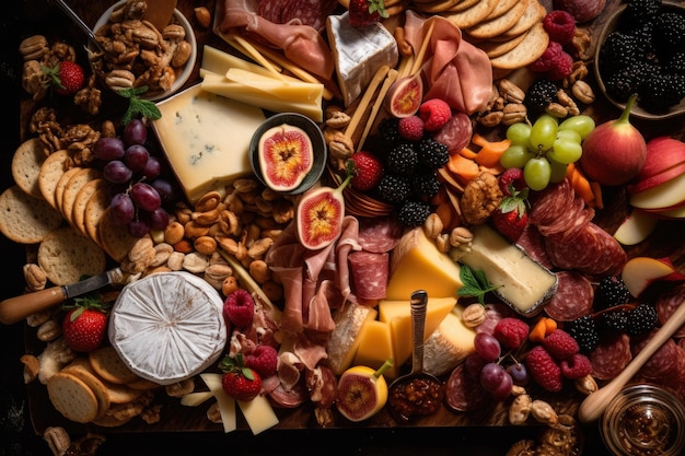 Primer plano artístico de una tabla de charcutería con una selección de carnes rebanadas quesos frutas