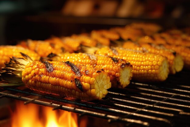 Primer plano de asado de maíz jugoso en parrilla de barbacoa creado con ai generativo