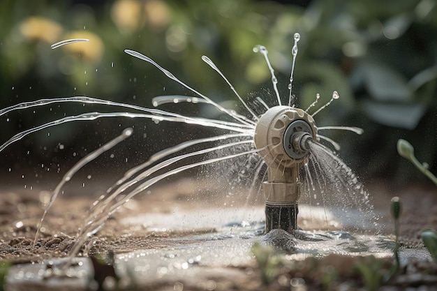 Primer plano de un aspersor rociando agua en un jardín trasero