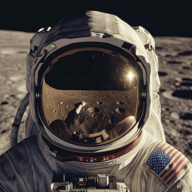 Primer plano de un astronauta en la luna hiperrealista centrándose en el reflejo en la visera del casco que captura el módulo lunar y la hermosa desolación
