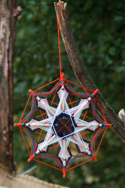 Primer plano de un atrapasueños de macrame tejido a mano multicolor colgando de una rama en el parque