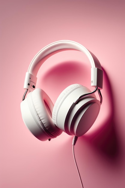 Primer plano de auriculares blancos con cable sobre fondo rosa creado con tecnología generativa ai