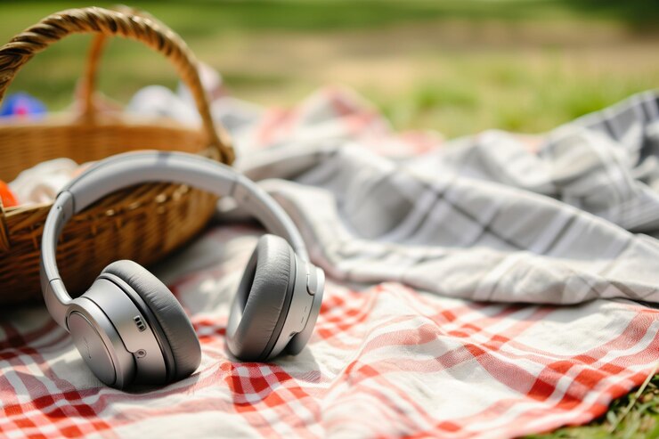 Un primer plano de auriculares inalámbricos en una manta de picnic con una canasta
