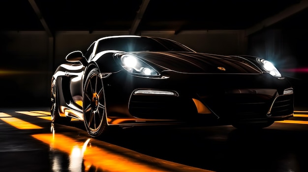 un primer plano de un auto deportivo negro en un garaje oscuro IA generativa