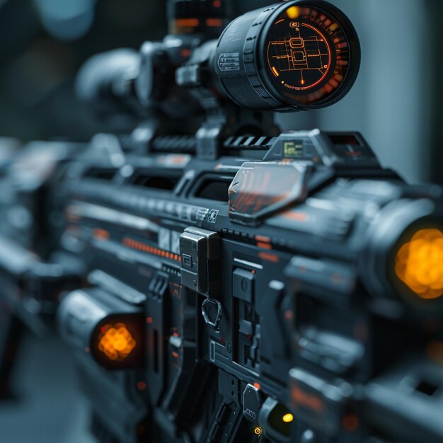 Un primer plano de un avanzado sistema de orientación en un rifle de asalto de alta tecnología
