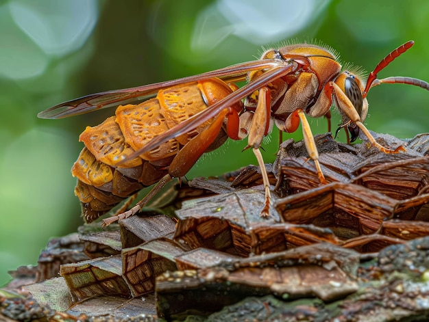 Un primer plano de una avispa de papel naranja Polistes dominula en un nido con gotas de lluvia contra un verde borroso