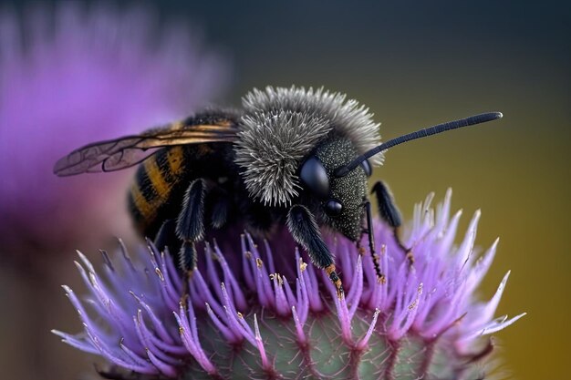 Primer plano de un avispón en una flor de cardo con un fondo borroso Generado por AI