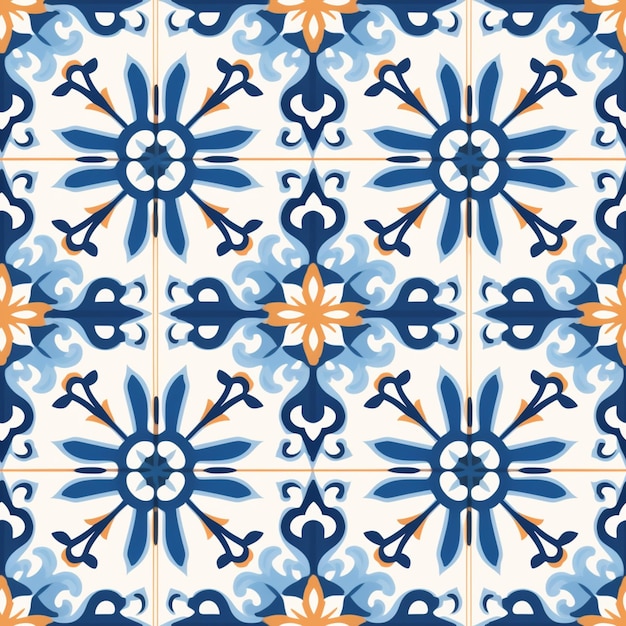 Un primer plano de un azulejo azul y blanco con detalles en naranja ai generativo