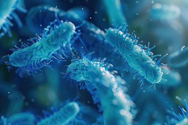 primer plano de las bacterias azules microscópicas en 3D