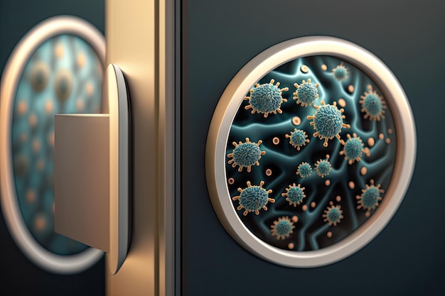 Primer plano de bacterias en la manija de la puerta con zoom para mostrar detalles