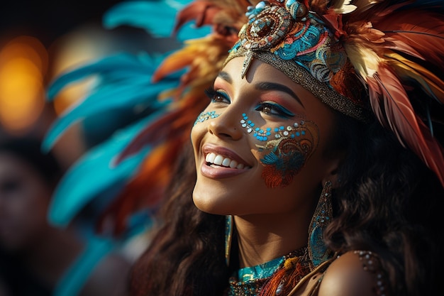 primer plano de la bailarina y los entusiastas festejadores en la marcha anual del carnaval en la ciudad con un colorido disfraz rosa y amarillo