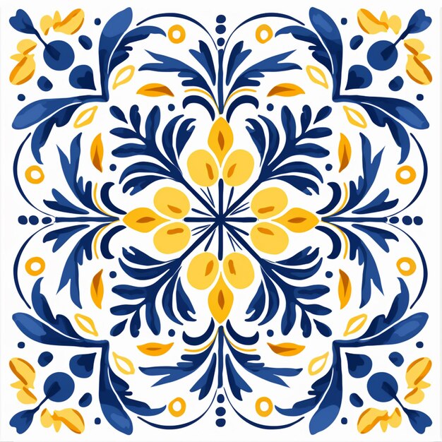 un primer plano de una baldosa azul y amarilla con un diseño de flores generativo ai