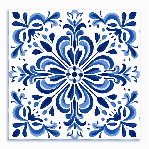 un primer plano de una baldosa azul y blanca con un diseño de flores generativo ai