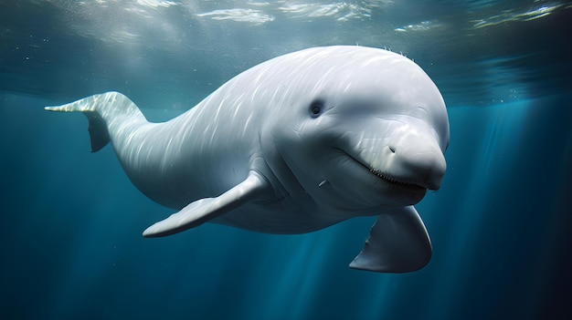 Un primer plano de una ballena beluga nadando en el océano claro Fondo natural con hermosa iluminación
