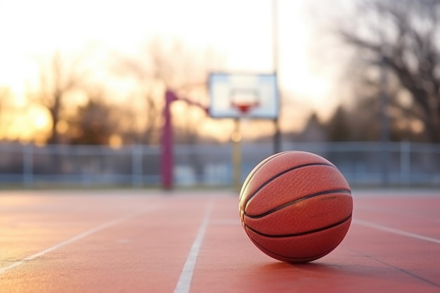 Un primer plano de un baloncesto en una cancha al aire libre