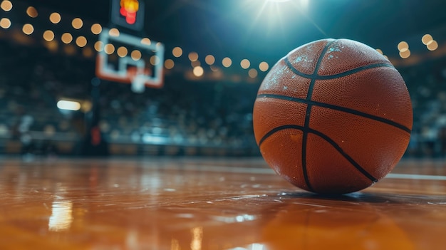 Primer plano de baloncesto en una cancha de madera brillante