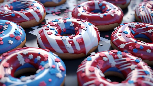 Foto un primer plano de una bandeja de donas con ai generativo rojo