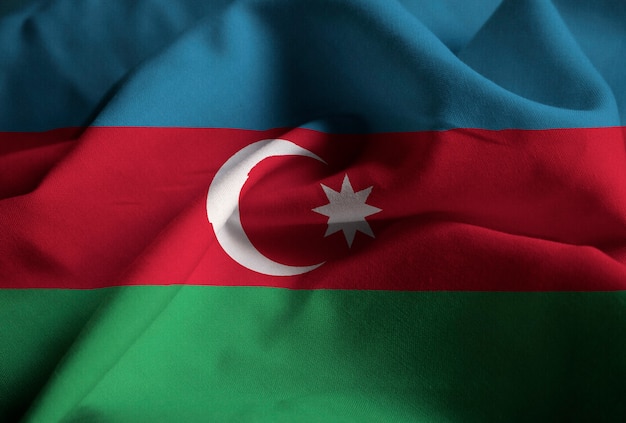 Foto primer plano de la bandera de azerbaiyán con volantes, bandera de azerbaiyán soplando en el viento