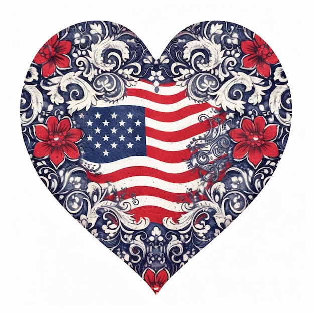 un primer plano de una bandera en forma de corazón con flores en ella