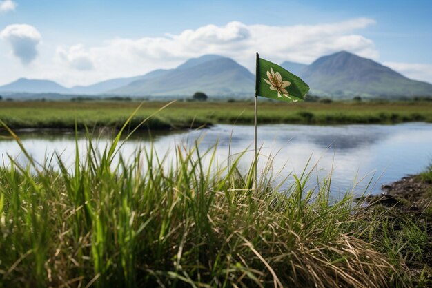 Foto primer plano de la bandera irlandesa con un perro lobo irlandés tradicional sentado a su lado