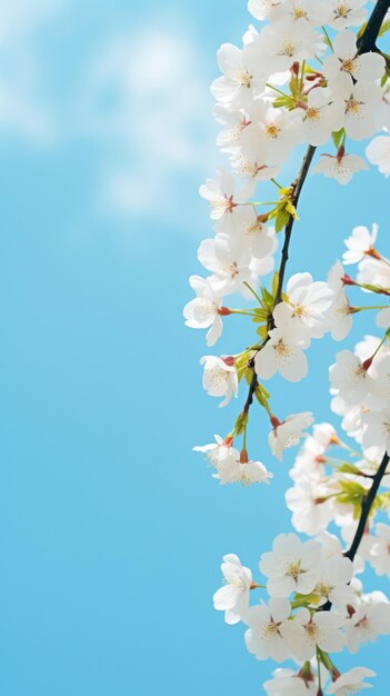 Un primer plano de la bandera de la primavera con ramas de cerezas en flor en el fondo con el cielo azul