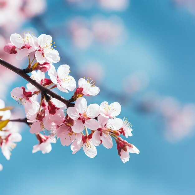 Foto un primer plano de la bandera de la primavera con ramas de cerezas en flor en el fondo con el cielo azul