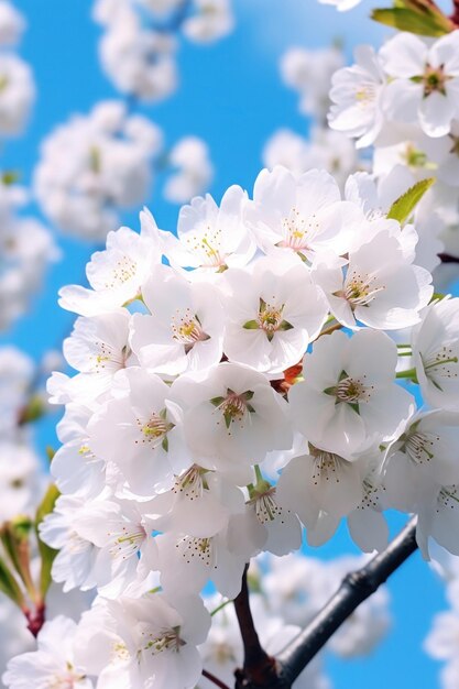 Foto un primer plano de la bandera de la primavera con ramas de cerezas en flor en el fondo con el cielo azul