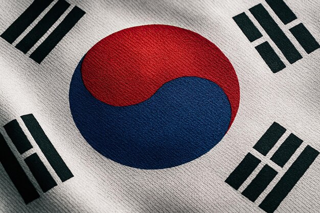 Primer plano de la bandera surcoreana Taegeukgi con tela texturizada