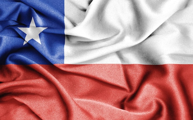 Primer plano de la bandera con volantes de Chile. Bandera de Chile de seda.
