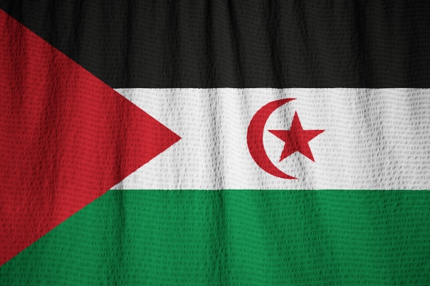 Primer plano de la bandera de Western Sahara con volantes, bandera de Western Sahara soplando en el viento