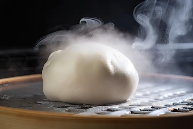 Primer plano de bao bun con vapor saliendo del relleno
