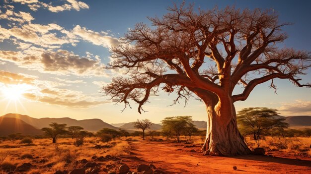 Primer plano de un baobab contra un fondo desértico calor abrasador sol desierto IA generativa