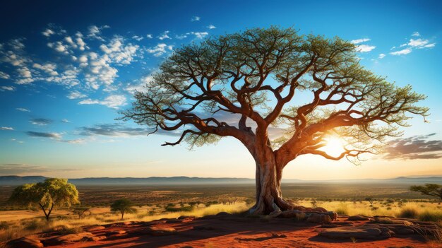 Primer plano de un baobab contra un fondo desértico calor abrasador sol desierto IA generativa