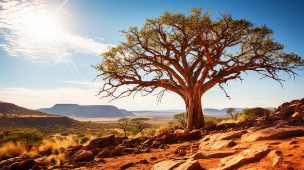 Primer plano de un baobab contra un fondo desértico calor abrasador sol desierto IA generativa